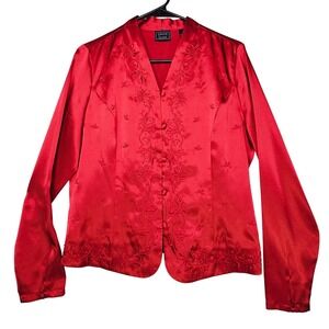 Womens Red Satin Beaded Embroidered Button Front Blouse Top 10 Holiday Christmas